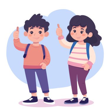 Sevimli kız ve erkek başparmak kaldırıyor.