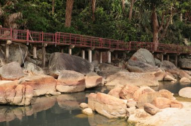 A serene nature trail with a red-railed walkway elevated over large boulders near a calm water stream, surrounded by dense greenery and tall trees, evoking a peaceful, scenic outdoor environment next to Malaysia's Teluk Cempedak beach. clipart