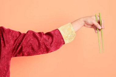 Yeni Çin yılın kutlu olsun. Kırmızı geleneksel cheongsam qipao ya da changshan elbisesi giyen Asyalı son sınıf öğrencisinin eli turuncu arka planda izole edilmiş yeşil çubuklarla el ele tutuşuyor..