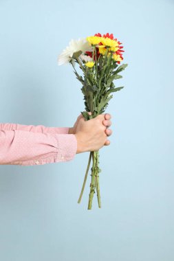 Mavi arka planda izole edilmiş bir buket çiçek tutan Asyalı bir adamın eli. Sevgililer Günü, Kadınlar Günü, Doğum Günü