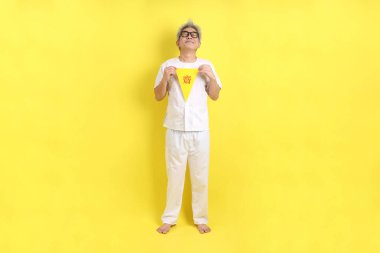 Sarı arka planda Çin Vejetaryen Festivali bayrağı taşıyan beyaz giysili yaşlı adam. J festivali, Çince ve Tayland metninin çevirisi et yemekten veya vejetaryen festivalinin sembolünden kaçınmak.