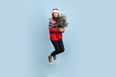Noel Baba şapkası takan Asyalı bir kadın. Kırmızı arka planda izole edilmiş bir Noel ağacı taşıyor. Noel Baba.