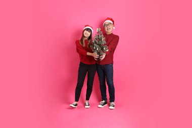 Mutlu Noeller, Asyalı son sınıf öğrencisi ve genç bayan resmi ve sıradan kırmızı giysiler içinde, pembe arka planda izole edilmiş, Noel ağacını tutma jesti ile..