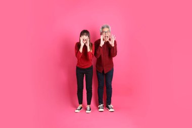 Çin Yeni Yılı, Asyalı son sınıf öğrencisi erkek ve kadın Noel Baba şapkası giyerler, kırmızı günlük kıyafetler giyerler ve pembe arka planda izole bir şekilde bağırırlar..