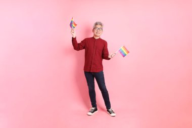İki elinde de pembe arka planda izole edilmiş Rainbown Pride Bayrakları olan resmi ve sıradan kırmızı tişörtlü Asyalı kıdemli bir adam. LGBTQ + topluluğu