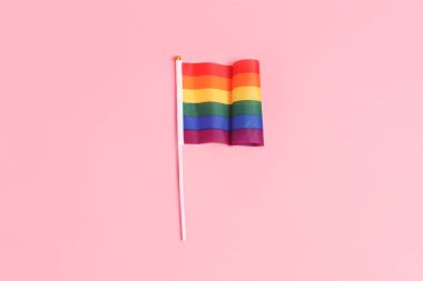 İki elinde de pembe arka planda izole edilmiş Rainbown Pride Bayrakları olan resmi ve sıradan kırmızı tişörtlü Asyalı kıdemli bir adam. LGBTQ + topluluğu