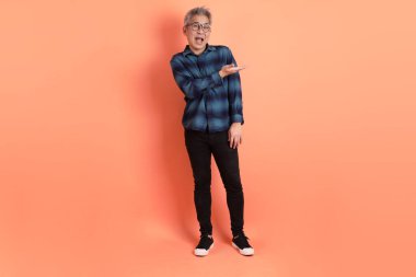 Yeşil ekose elbiseli, gözlüklü, turuncu arka planda izole edilmiş bir yere işaret eden Asyalı son sınıf öğrencisi. Turist, akıllı gündelik.