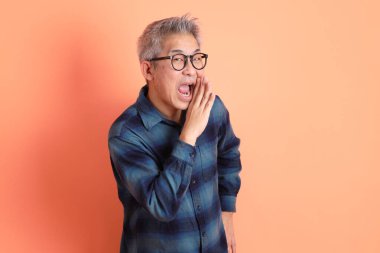 Yeşil ekose elbiseli Asyalı son sınıf öğrencisi gözlük takıyor ve turuncu arka planda izole edilmiş bir konuşma ya da fısıltı yapıyor. Turist, akıllı gündelik.