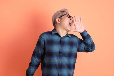 Yeşil ekose giysili Asyalı son sınıf öğrencisi. Gözlük takıyor. Bağırıyor, elinde turuncu arka planda megafon tutuyor. Turist, akıllı gündelik.