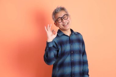 Yeşil ekose giysili Asyalı son sınıf öğrencisi. Gözlük takıyor. Başparmak işareti yapıyor. Turist, akıllı gündelik.