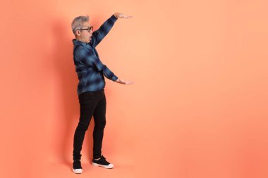 Yeşil ekose giysili Asyalı son sınıf öğrencisi. Gözlük takıyor. Üzerinde Ölçü Sembolü işareti var. Turist, akıllı gündelik.