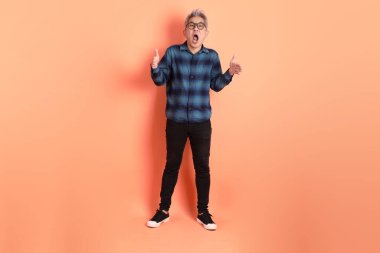 Yeşil ekose giysili Asyalı son sınıf öğrencisi. Gözlük takıyor. Üzerinde Ölçü Sembolü işareti var. Turist, akıllı gündelik.