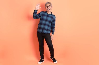 Yeşil ekose elbiseli Asyalı son sınıf öğrencisi gözlüklü turuncu arka planda izole edilmiş bir selamlama jesti takıyor. Turist, akıllı gündelik.