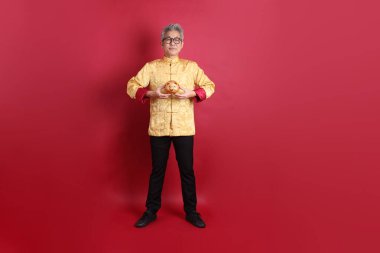 Yeni Çin yılın kutlu olsun. Asya Çinli son sınıf öğrencisi altın rengi Cheongsam Qipao ya da Changshan elbisesi giyiyor. Kırmızı arka planda Çin kumbarası bulunduruyor..