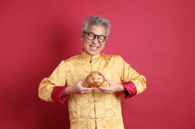 Yeni Çin yılın kutlu olsun. Asya Çinli son sınıf öğrencisi altın rengi Cheongsam Qipao ya da Changshan elbisesi giyiyor. Kırmızı arka planda Çin kumbarası bulunduruyor..