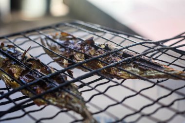 Beyaz tabakta bbq ağında kızarmış balık. 