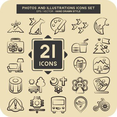 Simge Seti Fotoğrafları ve Resimleri. Tasarım ve Sanat sembolüyle ilgili. El çizimi tarzı. Basit tasarım çizimi