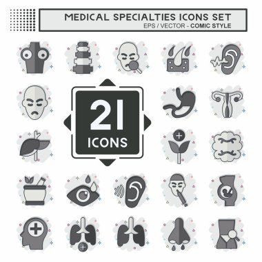 Simge Belirleme Tıbbi Uzmanlıkları. Sağlıklı sembolle ilgili. Çizgi roman. Basit tasarım çizimi