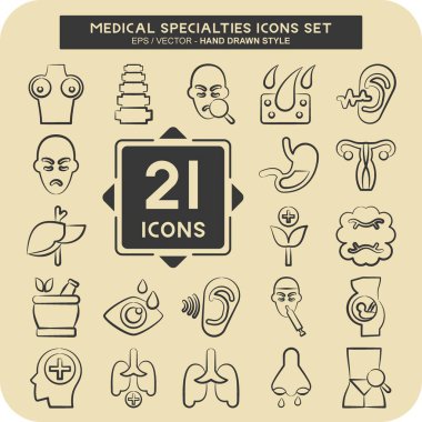 Simge Belirleme Tıbbi Uzmanlıkları. Sağlıklı sembolle ilgili. El çizimi tarzı. Basit tasarım çizimi