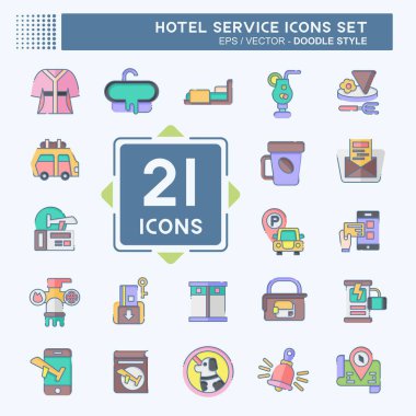 Icon Set Otel Servisi. Tatil sembolüyle ilgili. Karalama stili. Basit tasarım çizimi