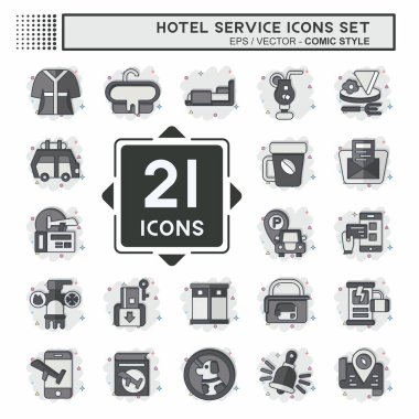 Icon Set Otel Servisi. Tatil sembolüyle ilgili. Çizgi roman. Basit tasarım çizimi