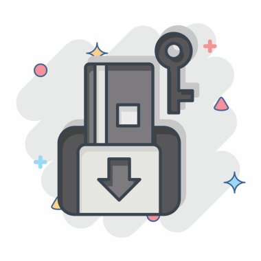 Simge Anahtar Kartı. Otel Hizmeti sembolüyle ilgili. Çizgi roman. Basit tasarım çizimi