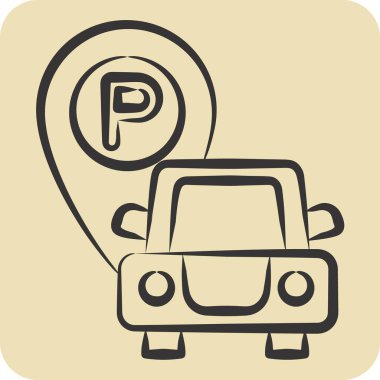 Simgesiz park yeri. Otel Hizmeti sembolüyle ilgili. El çizimi tarzı. Basit tasarım çizimi