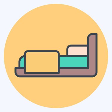 İkon yatak odası. Otel Hizmeti sembolüyle ilgili. renk arkadaşı stili. Basit tasarım çizimi