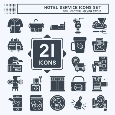 Icon Set Otel Servisi. Tatil sembolüyle ilgili. Kabartma tarzı. Basit tasarım çizimi
