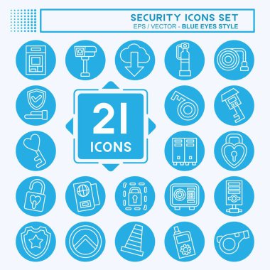 Simge Güvenliği Ayarla. Teknoloji sembolüyle ilgili. Mavi gözlü. Basit tasarım çizimi