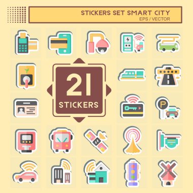 Sticker Set Smart City. Teknoloji sembolüyle ilgili. Basit tasarım çizimi