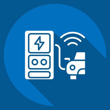 Simge şarj istasyonu. Smart City sembolüyle ilgili. Uzun gölge tarzı. Basit tasarım çizimi
