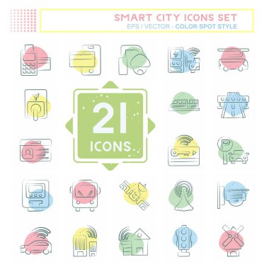 Akıllı Şehir Simgesi Ayarlandı. Teknoloji sembolüyle ilgili. Renkli Leke Biçimi. Basit tasarım çizimi