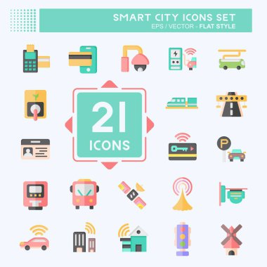 Akıllı Şehir Simgesi Ayarlandı. Teknoloji sembolüyle ilgili. Düz stil. Basit tasarım çizimi