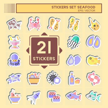 Sticker Set Deniz Ürünleri. Tatil sembolüyle ilgili. Basit tasarım çizimi