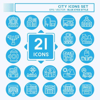 Simge Ayarlama Şehri. Bina sembolüyle ilgili. Mavi gözlü. Basit tasarım çizimi