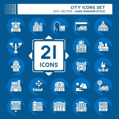 Simge Ayarlama Şehri. Bina sembolüyle ilgili. Uzun gölge tarzı. Basit tasarım çizimi