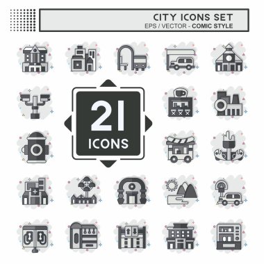 Simge Ayarlama Şehri. Bina sembolüyle ilgili. Çizgi roman. Basit tasarım çizimi