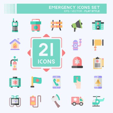 Simge seti acil durum. Uyarı sembolüyle ilgili. Düz stil. Basit tasarım çizimi