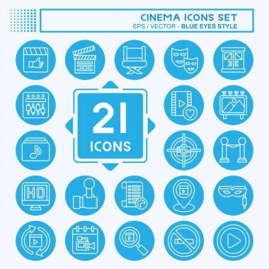 Simge Ayarlı Sinema. Film sembolüyle ilgili. Mavi gözlü. Basit tasarım çizimi