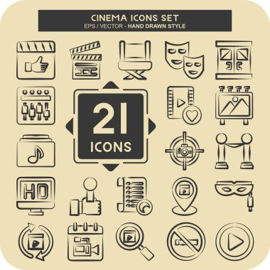 Simge Ayarlı Sinema. Film sembolüyle ilgili. El çizimi tarzı. Basit tasarım çizimi