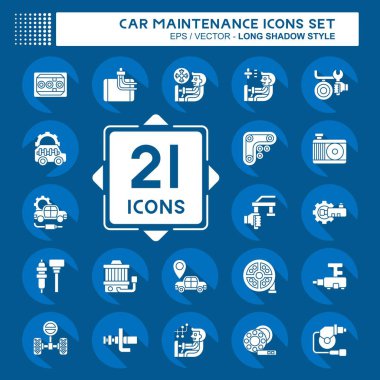 Simge Ayarlı Araba Bakımı. Otomotiv sembolüyle ilgili. Uzun gölge tarzı. Basit resimleme