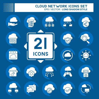 Simge Bulut Ağı Ayarla. Ağ sembolüyle ilgili. Uzun gölge tarzı. Basit resimleme