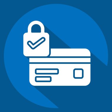 Simge güvende. Kredi kartı sembolüyle ilgili. Uzun gölge tarzı. Basit resimleme