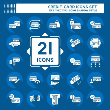 Simge Ayarlı Kredi Kartı. Para sembolü ile ilgili. Uzun gölge tarzı. Basit resimleme