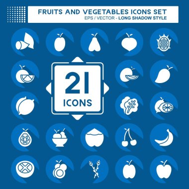 Meyve ve sebze ikonu. Sağlıklı sembolle ilgili. Uzun gölge tarzı. düzenlenebilir