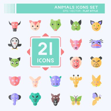 Simge Ayarlı Hayvanlar. Hayvanlar sembolüyle ilgili. Düz stil. Basit tasarım düzenlenebilir