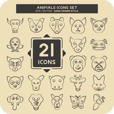 Simge Ayarlı Hayvanlar. Hayvanlar sembolüyle ilgili. El çizimi tarzı. Basit tasarım düzenlenebilir