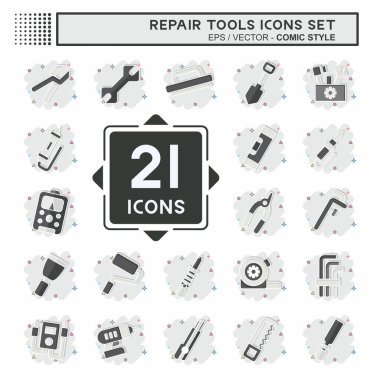 Simge Onarım Araçları Ayarla. Eğitim sembolüyle ilgili. Çizgi roman. dizayn edilebilir