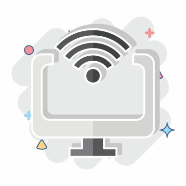 Simge Bilgisayarı. Wifi sembolüyle ilgili. Çizgi roman. dizayn edilebilir